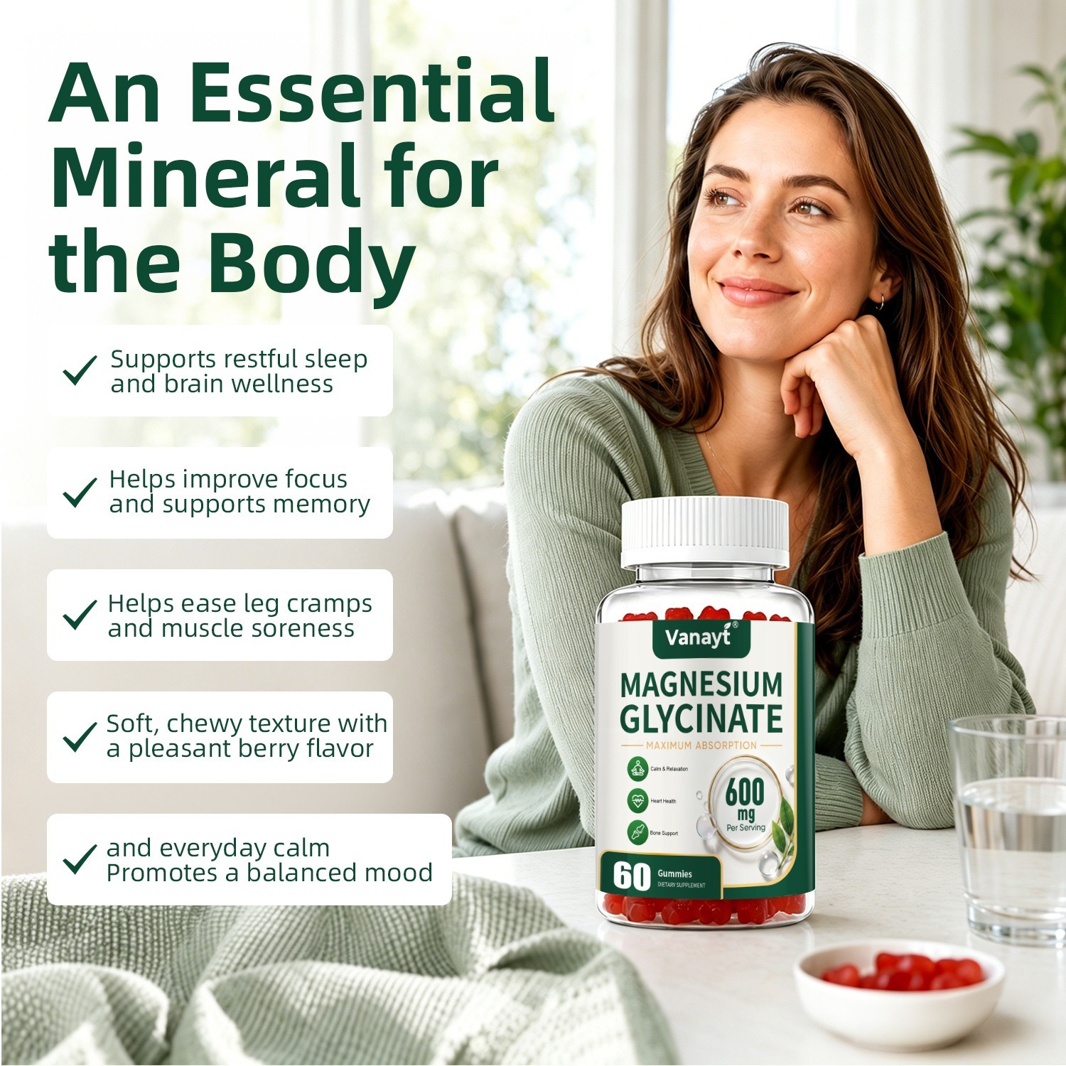 2PCS Magnesium Glycinate With Vitamin D3 Sleep Support, Stress & Anxiety Relief