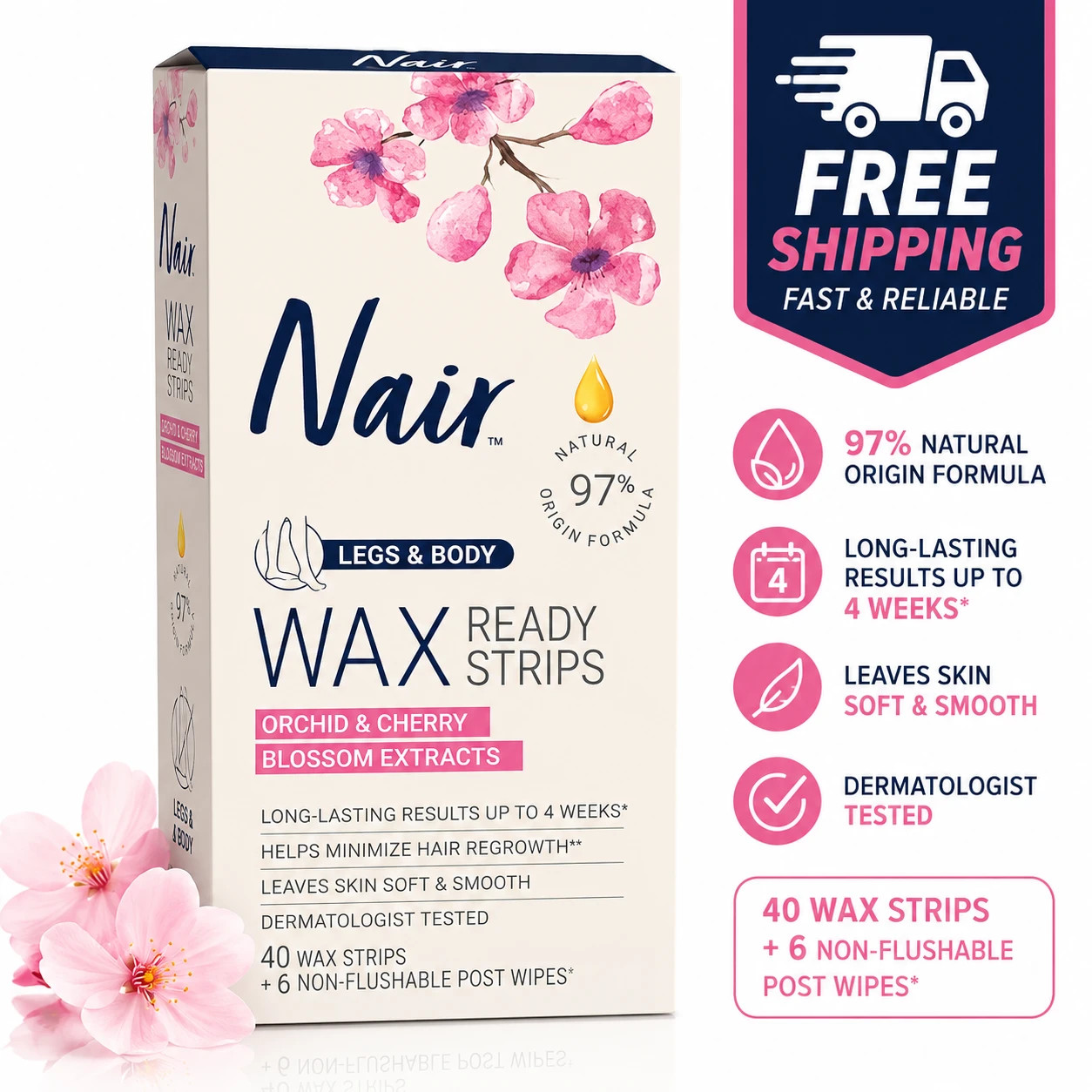 Nair Legs & Body Wax Strips 40 Ct Long Lasting Hair Removal Kit