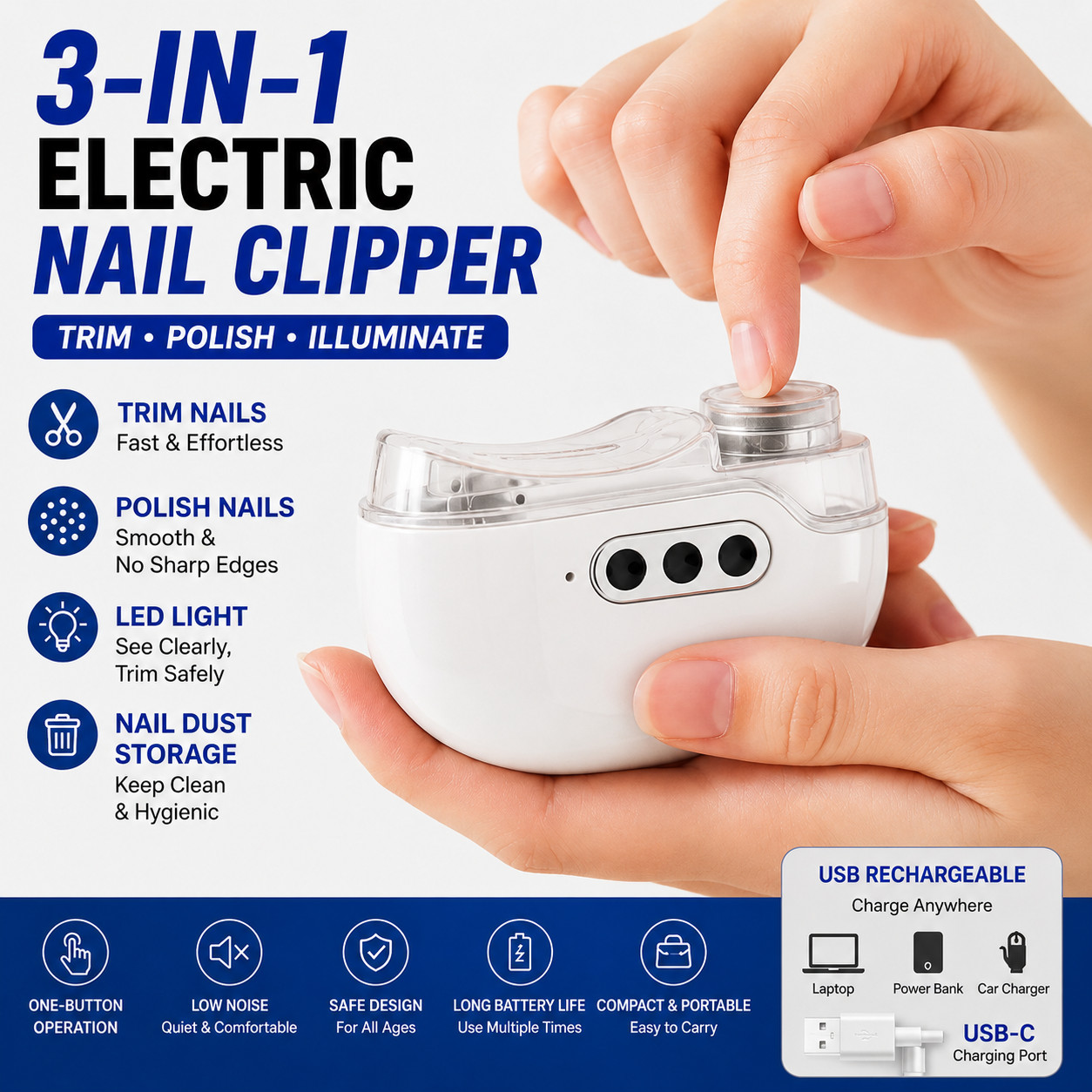 3-in-1 Electric Nail Clipper USB Rechargeable Automatic Nail Trimmer with LED
