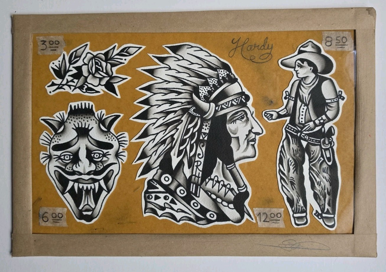 original rich hardy antique style cowboy corday indian chief tattoo flash 8×13