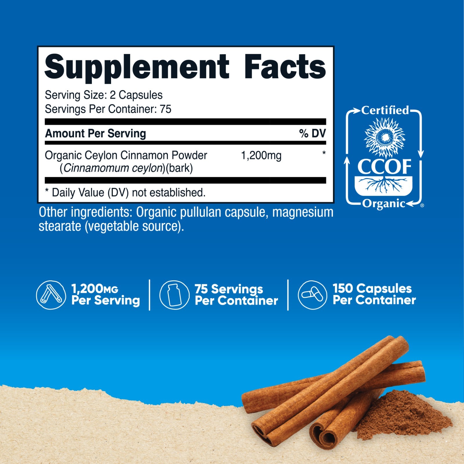 Nutricost Organic Cinnamon (Ceylon Cinnamon) 1,200mg Serving, 150 Capsules