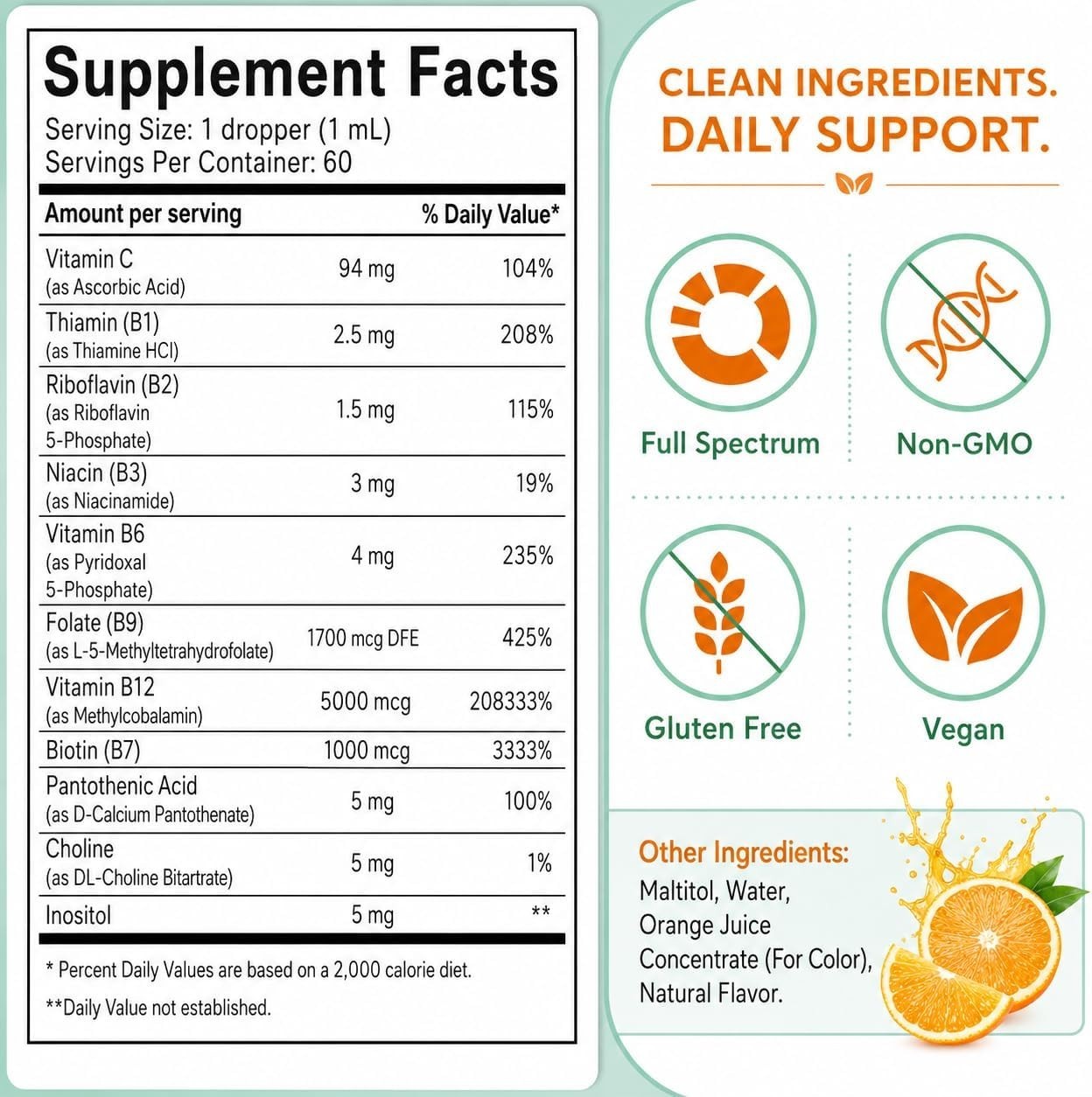 Suiyilary Vitamin B Complex Liquid Drops, B12 Methylcobalamin, B9 Folic, Vitamin