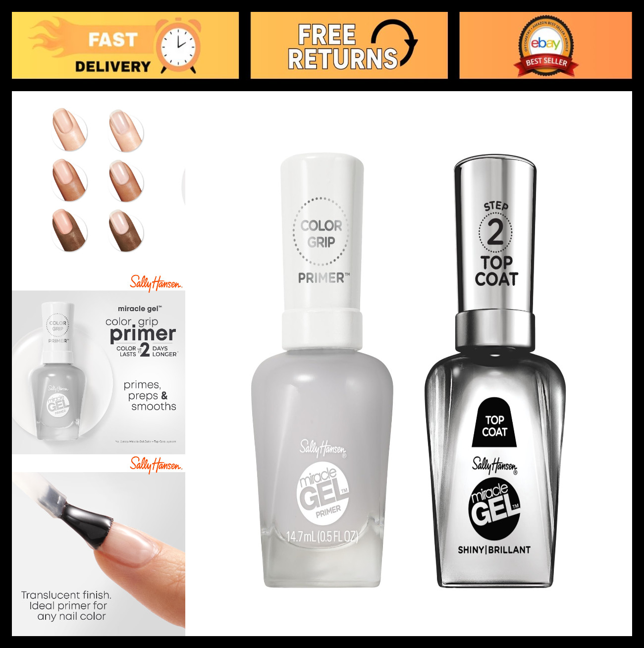 Miracle Gel Nail Polish Shiny Top Coat & Color Grip Primer – 0.5 fl oz, Long-Las