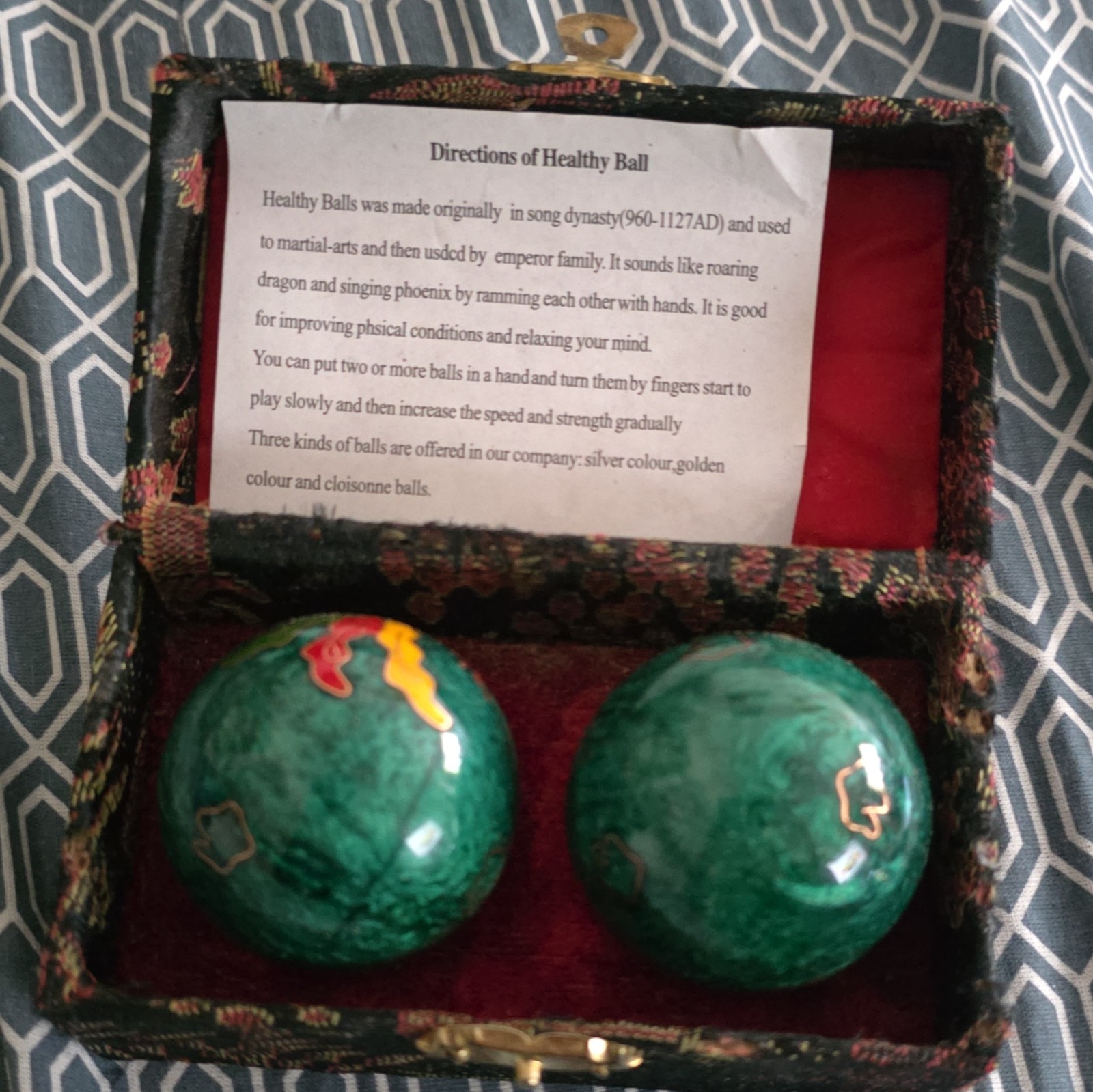 Green Baoding Healthy Ball Hand Massage Balls Set of 2 Metal 2in Acupuncture