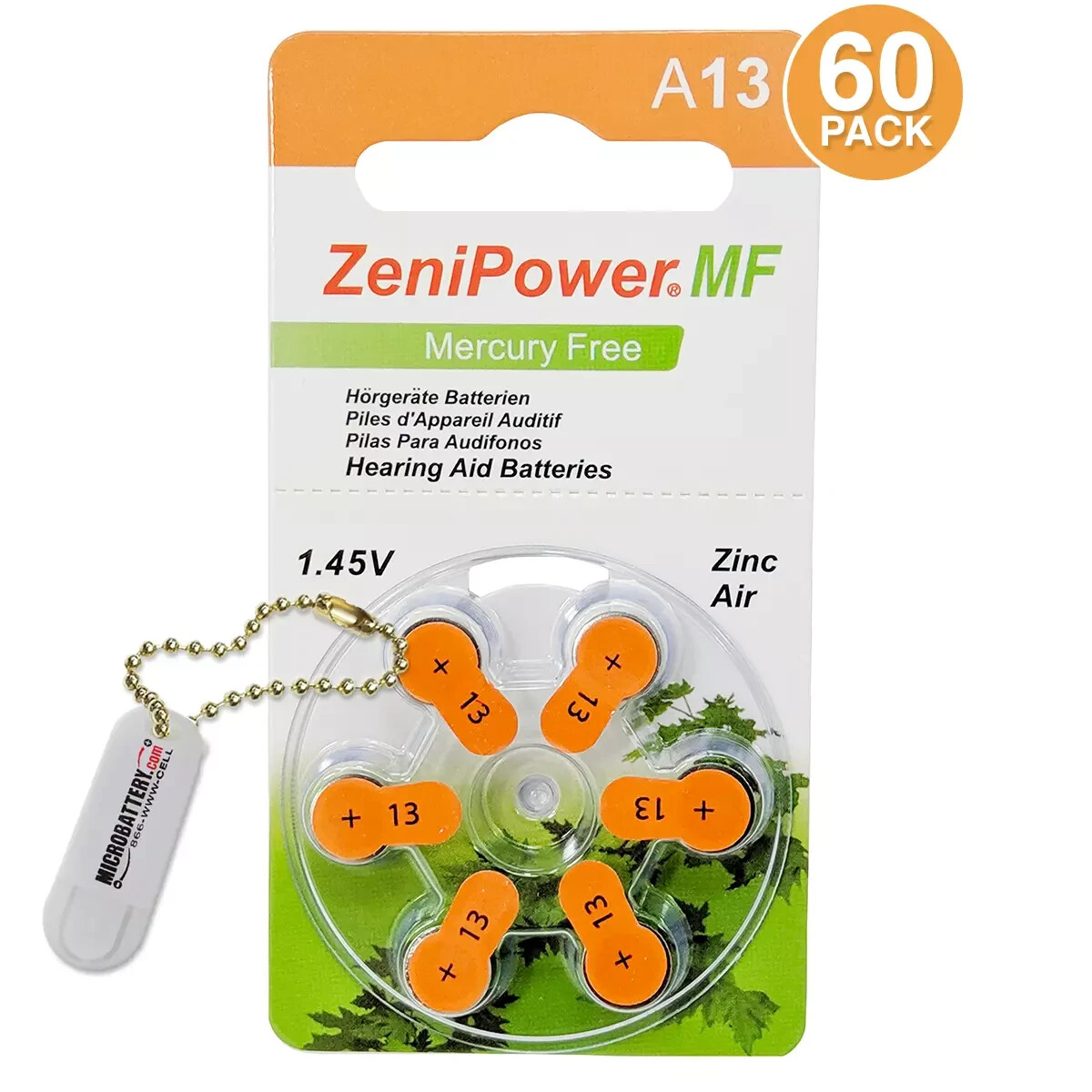 60 ZeniPower MF Hearing Aid Batteries Size: 13 + Battery Holder Keychain