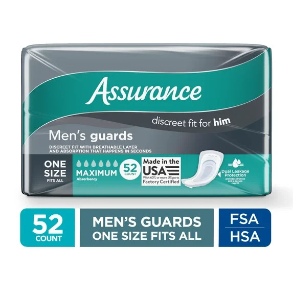 Assurance Men’s Guards, Maximum Absorbency, One Size Fits All, 52 Count