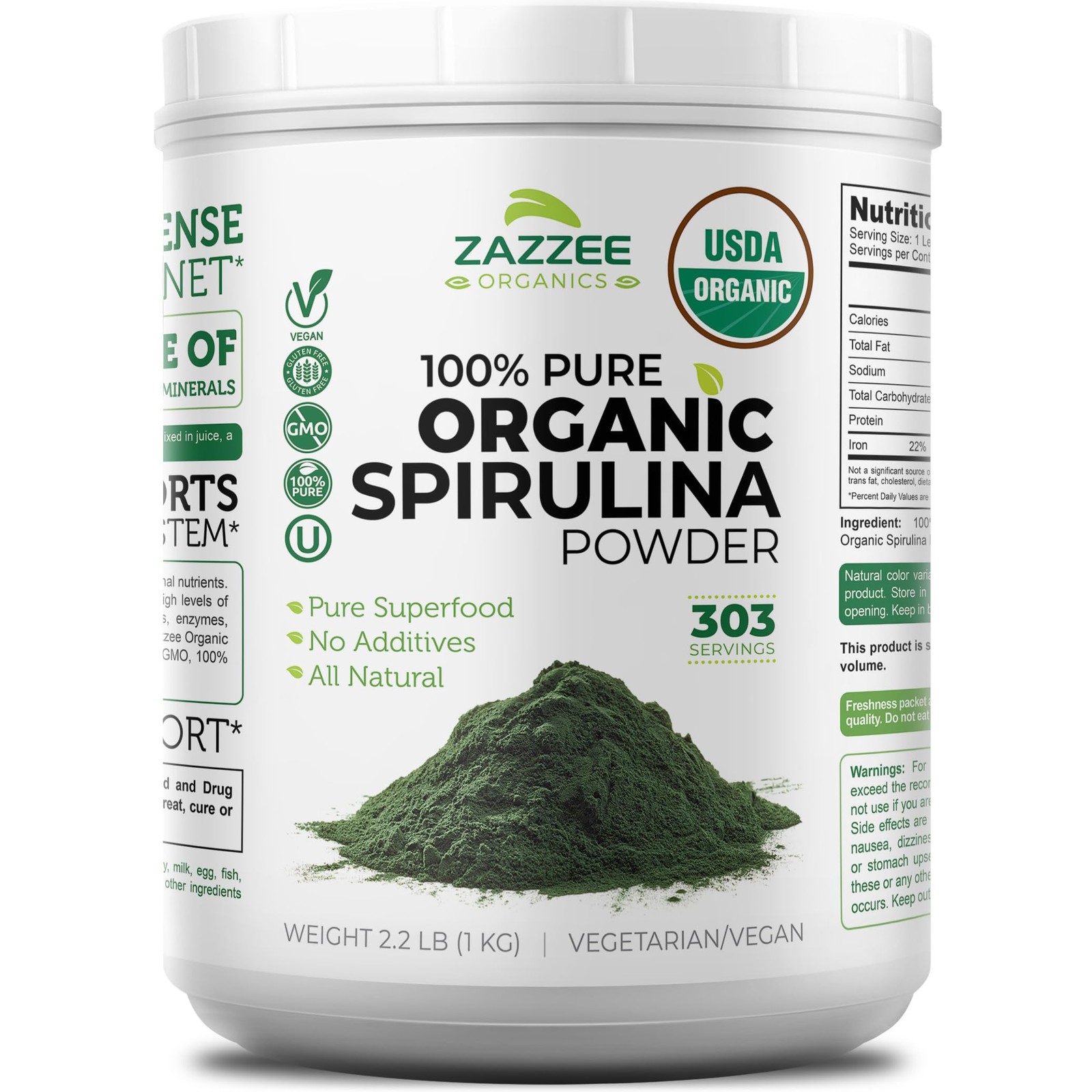 Zazzee Organic Spirulina Powder, 2.2 Pounds 1 KG, USDA Certified, 303 Serving…