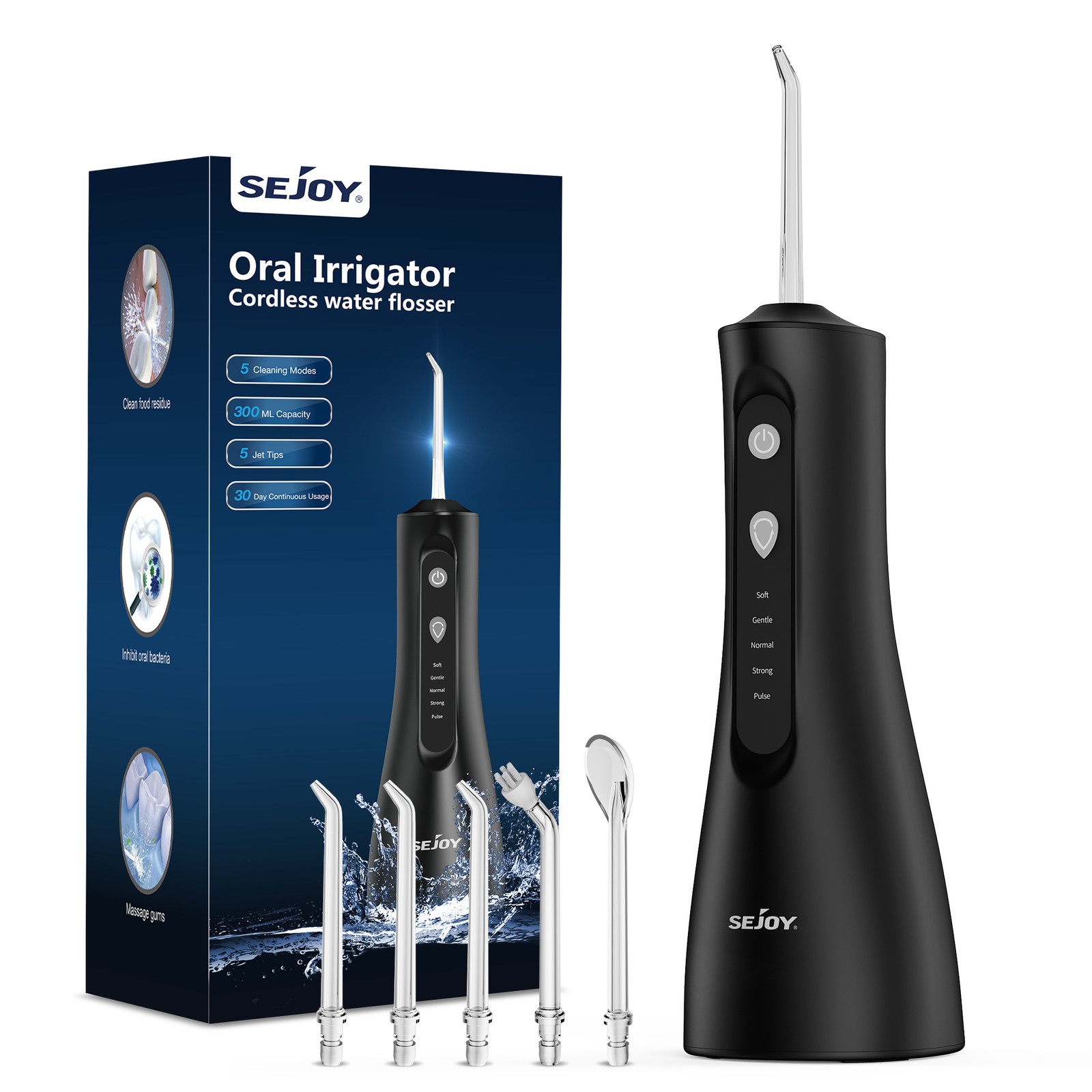 SEJOY Cordless Dental Oral Irrigator Water Flosser Teeth Cleaner 5 Mode 5Jet Tip