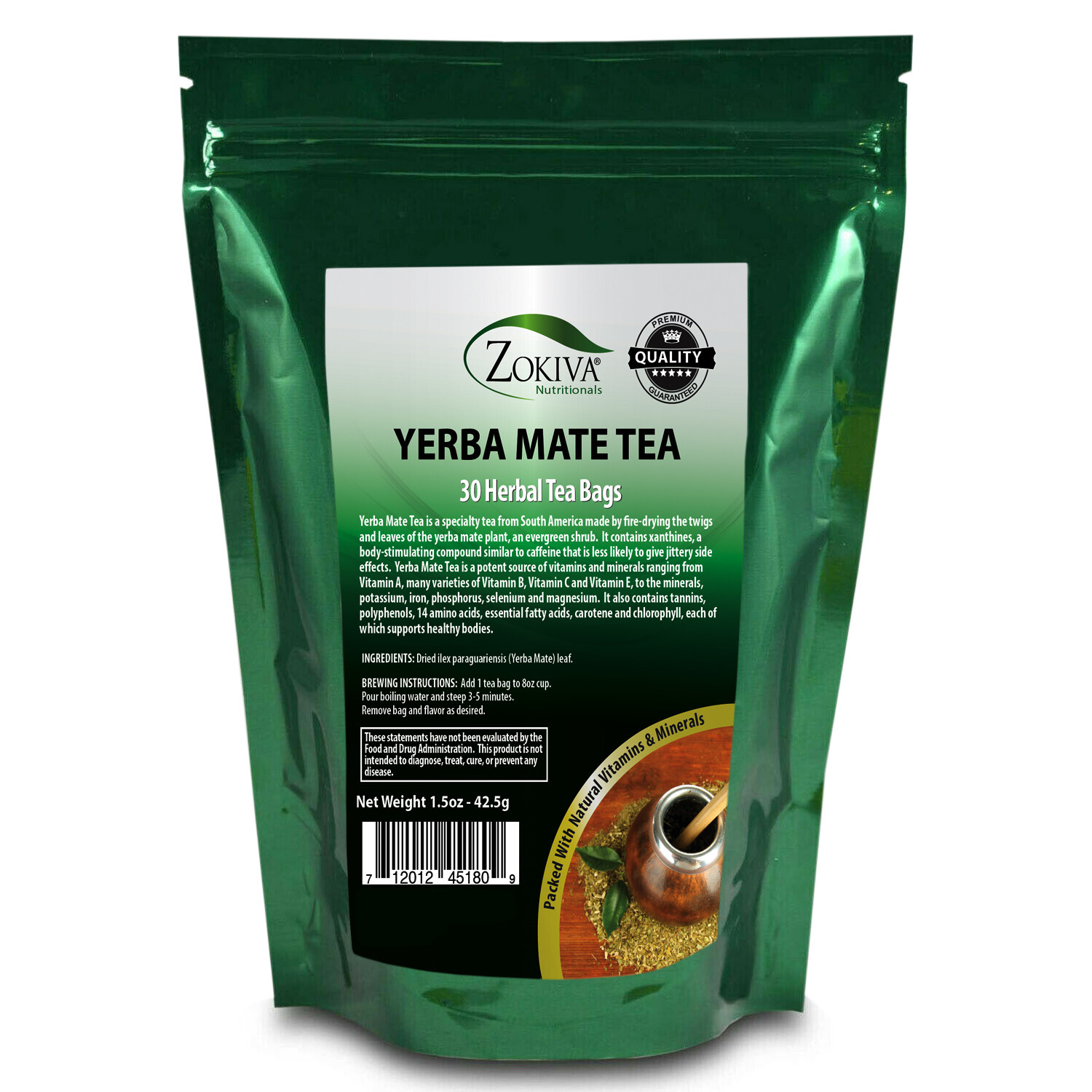 Yerba Mate Tea Bags (30 Premium Bags) 100% Pure – All-Natural Premium Herbal Tea