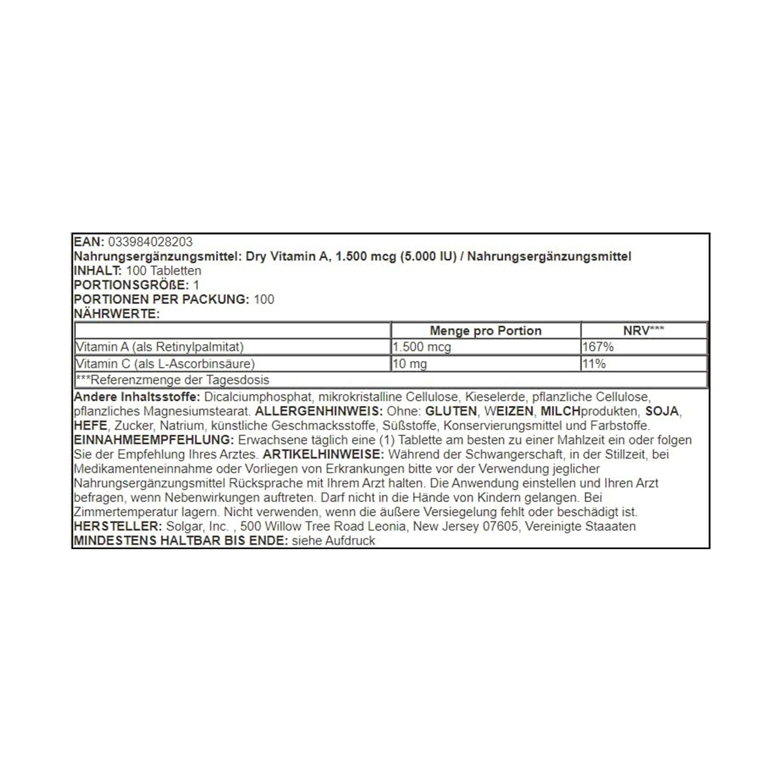 Solgar Dry Vitamin A 1500 mcg (5000 IU) 100 Tablets