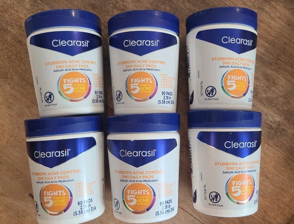 Lot/6 Clearasil Fights 5 in 1 Daily Cleansing Pads Stubborn Acne Control 90 CT