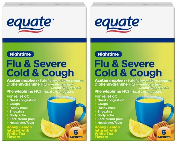 Equate Nighttime Severe Cold Cough & Flu Relief Powder Honey Lemon 12 Ct
