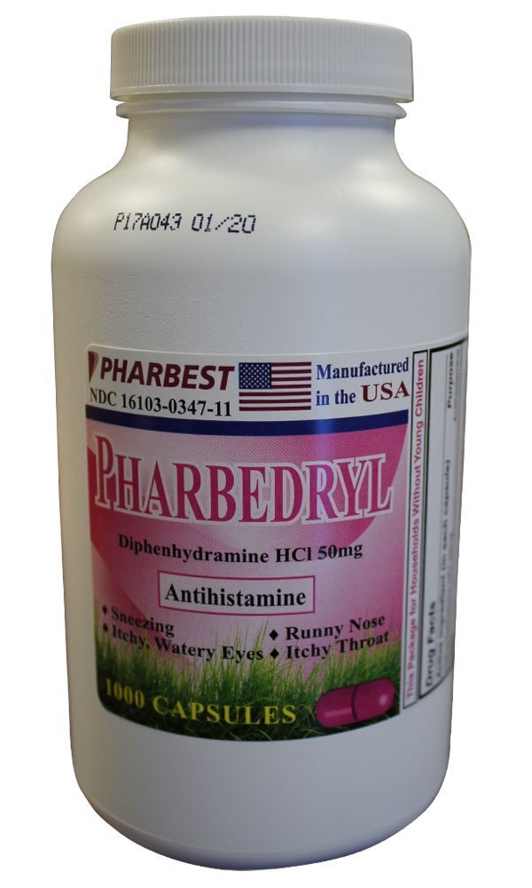 Pharbedryl Diphenydramine HCl Antihistamine for Sneezing Runny Nose 1000 Count