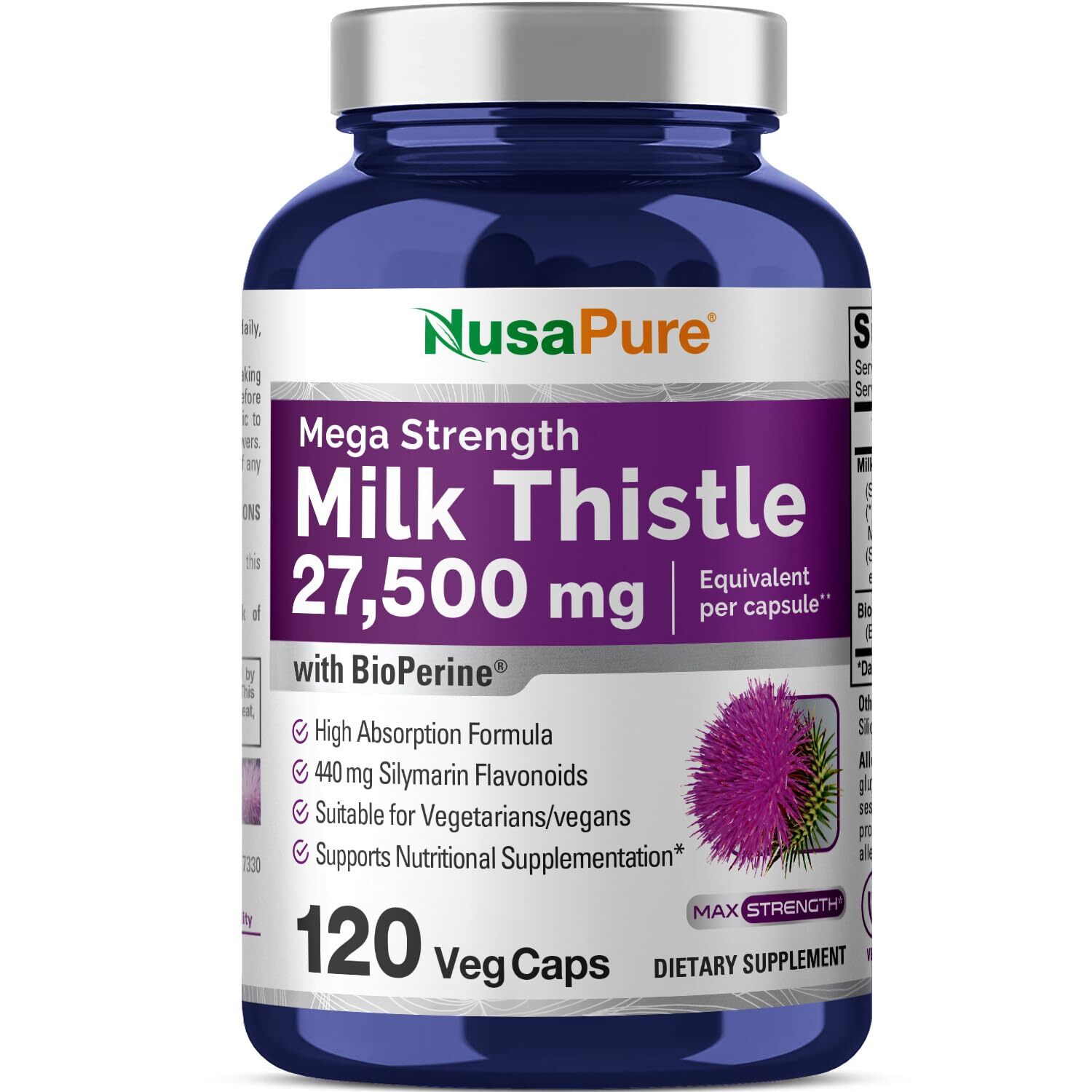 NusaPure Milk Thistle Extract 27,500mg 120 Veggie Capsules (50:1 Extract, Non-GM