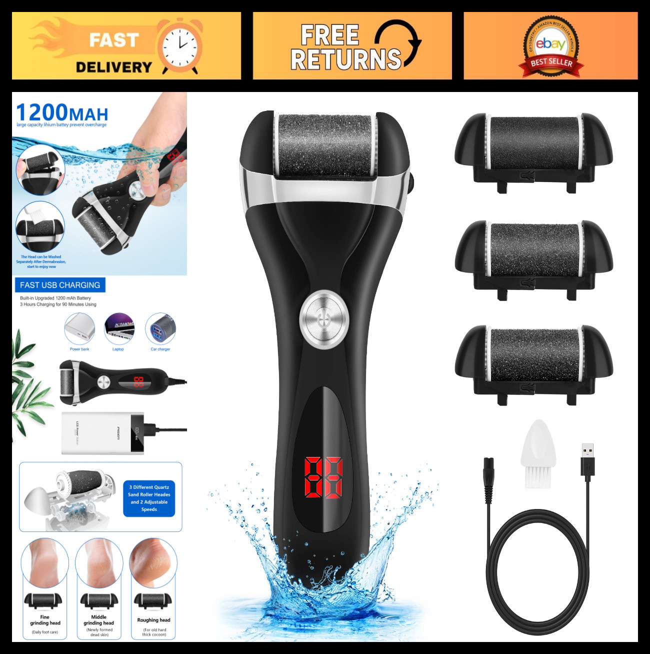 Rechargeable Electric Foot Callus Remover Kit – 3 Rollers, 2 Speeds, Battery Dis