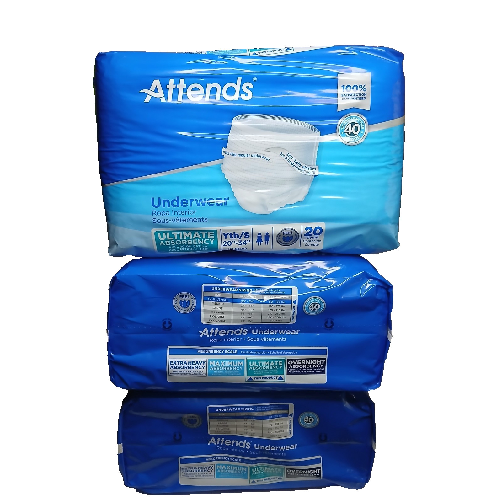Lot Of Attends Underwear Youth Small 20”-34” Ultimate Absorbency Unisex 60 Count
