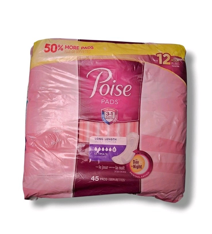 Poise Ultimate Supreme Absorbency Incontinence Pads, Long Length, 45 Pads NEW