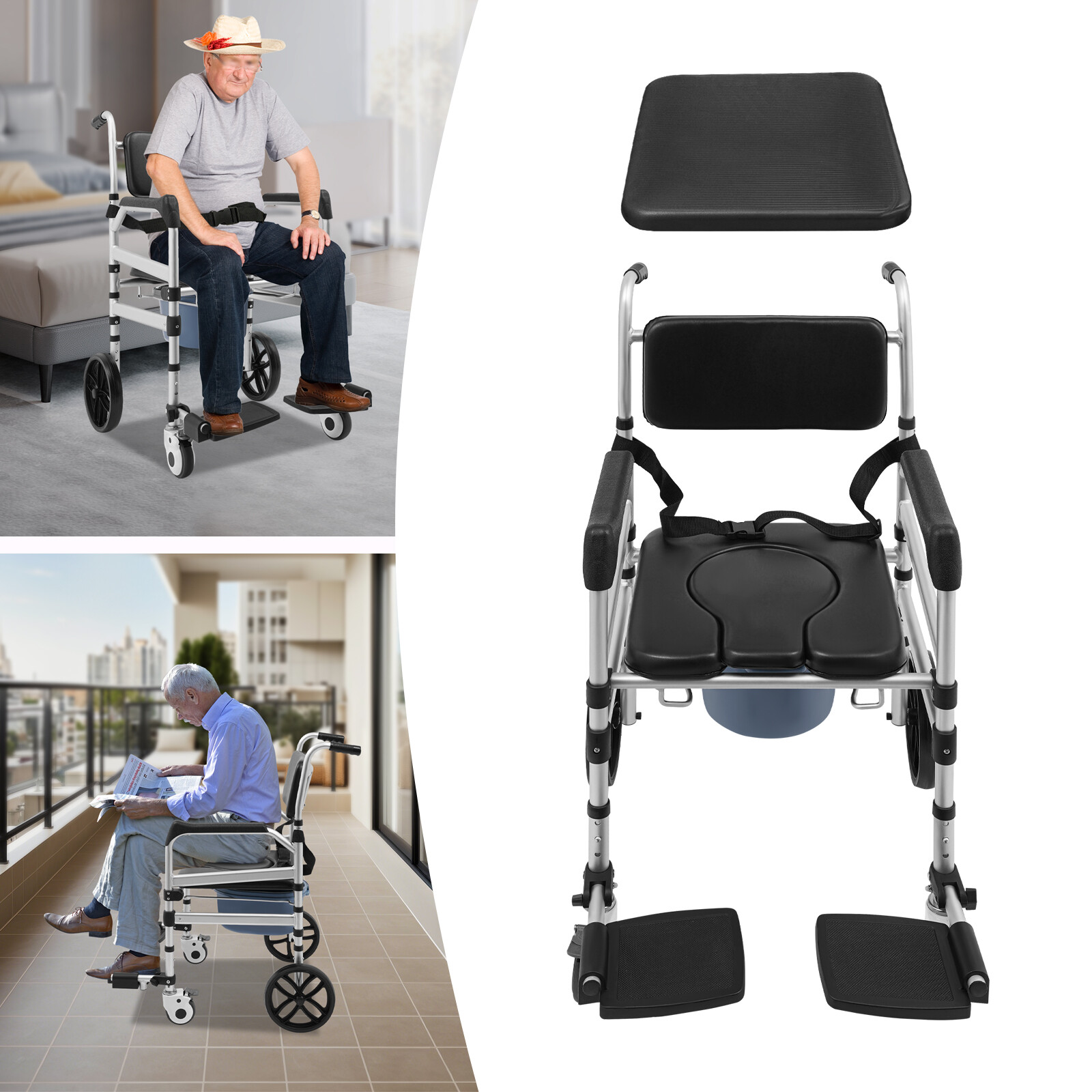 Aluminum Alloy Height Adjustable Shower Chair Rolling Shower Chair with Commode