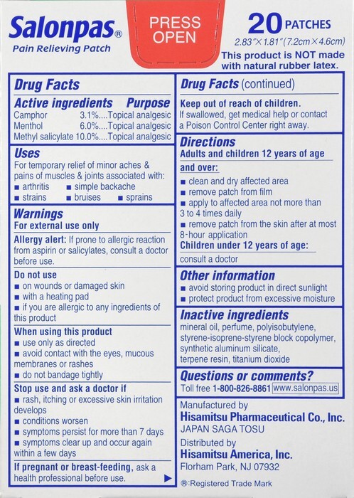 SALONPAS PAIN RELIEVING PATCH 20CT