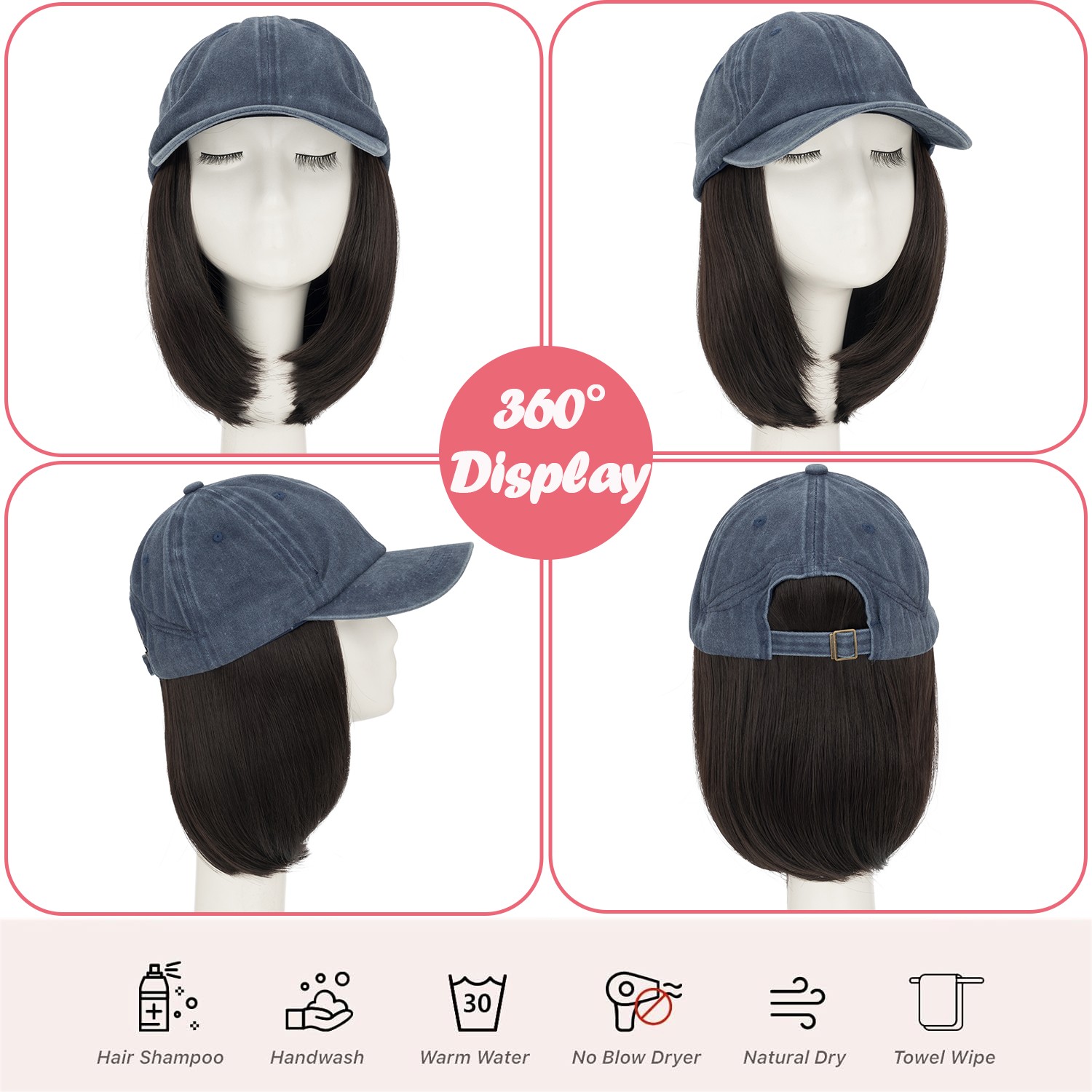 Instant Style 6″ Straight Cap Wig Adjustable Baseball Hat with Attached Hair USA