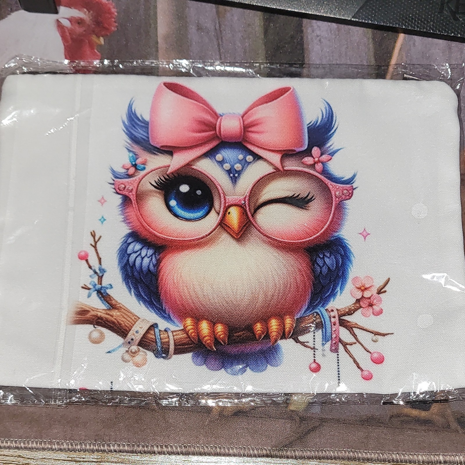 Makeup Bag White/Pink/Blue Zip Closure Owl & Pink Bow Print Zipper Pouch