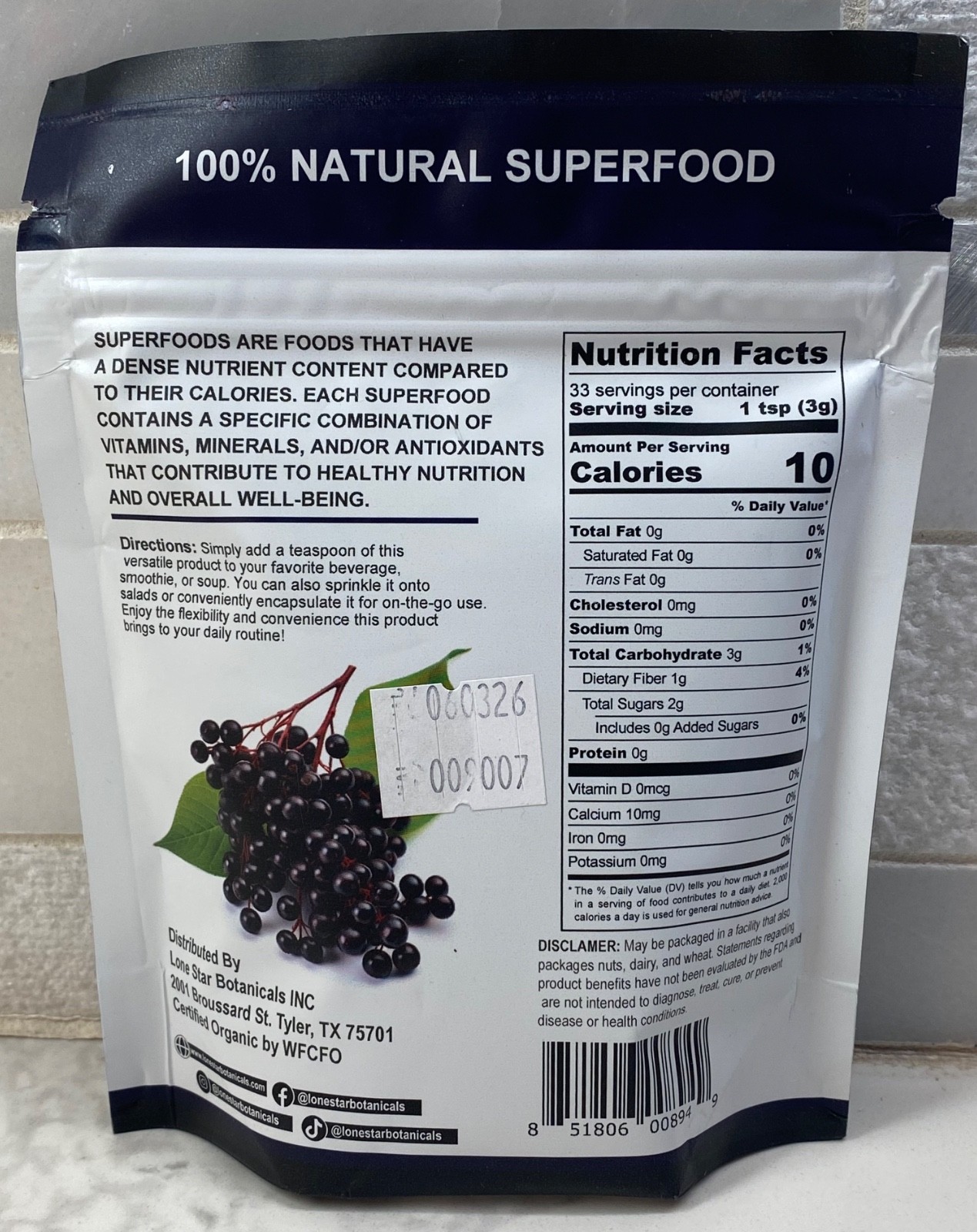 Organic Elderberry Extract Superfood Powder 100% Natural 3.52 Oz Exp 06/2026
