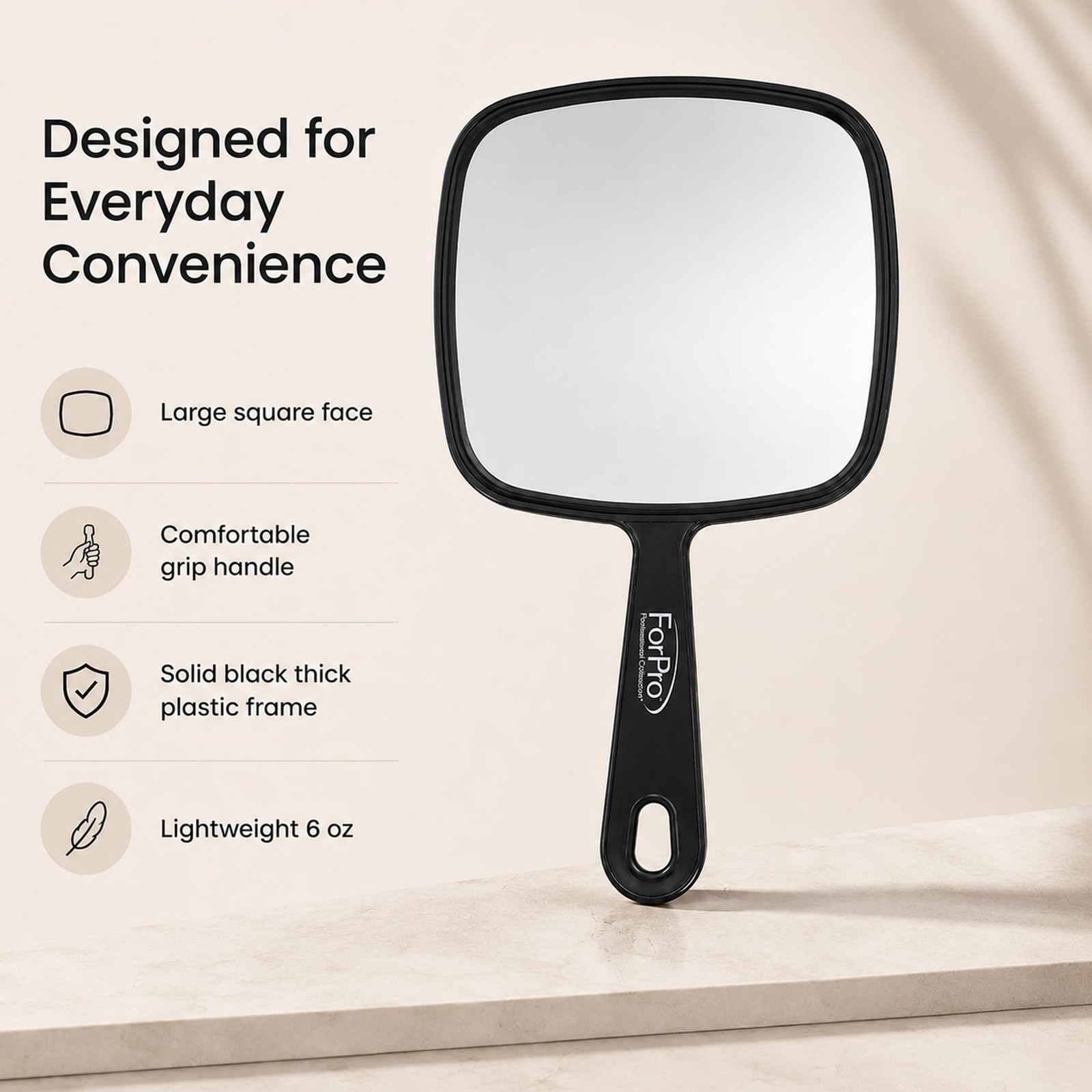 ForPro Extra Large Hand Mirror 9x12in Black Handle Distortion Free Salon Mirror