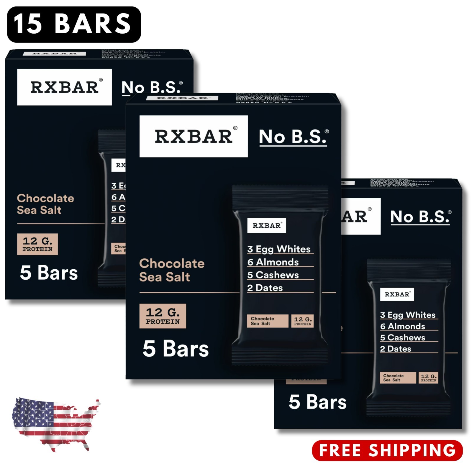 RXBAR Chocolate Sea Salt Chewy Protein Bars Gluten-Free Ready-to-Eat 15 Count