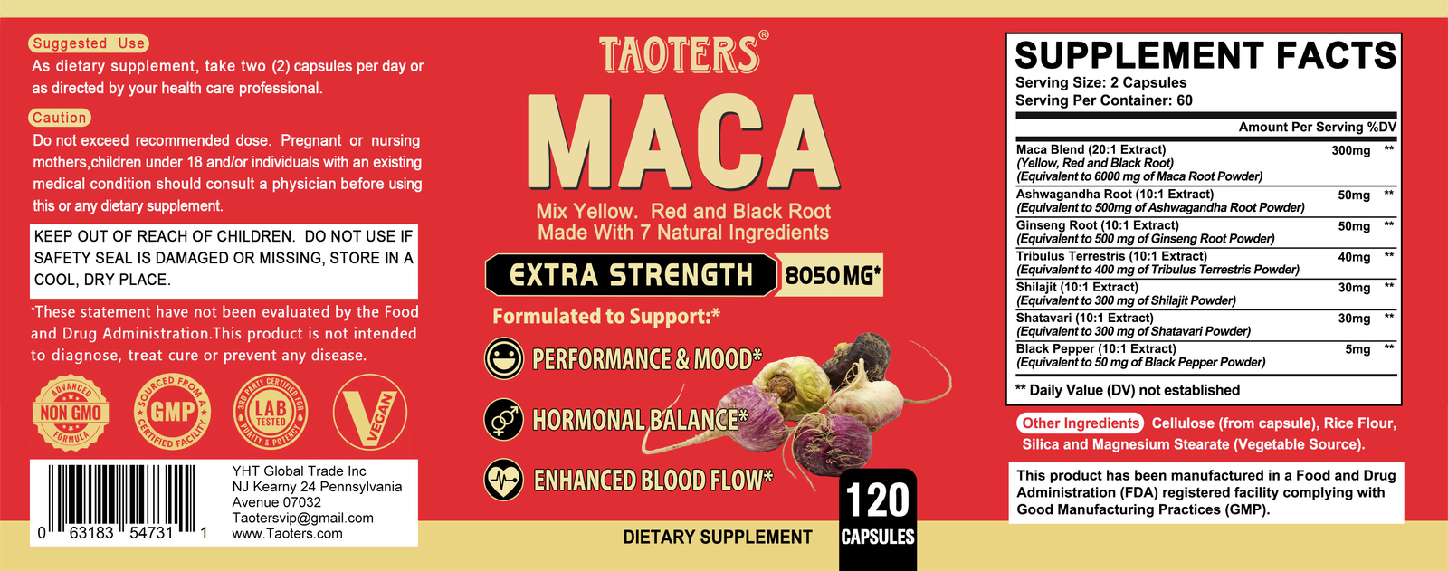 Maca Root Capsules 8050mg |60/120 Pills | Red, Yellow,Black Maca Supplements USA