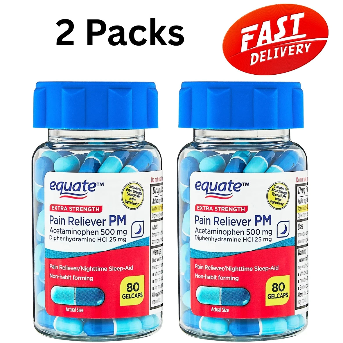 Equate Extra Strength PM Pain Reliever Sleep Aid Gelcaps 500mg 80Ct 2 Pack