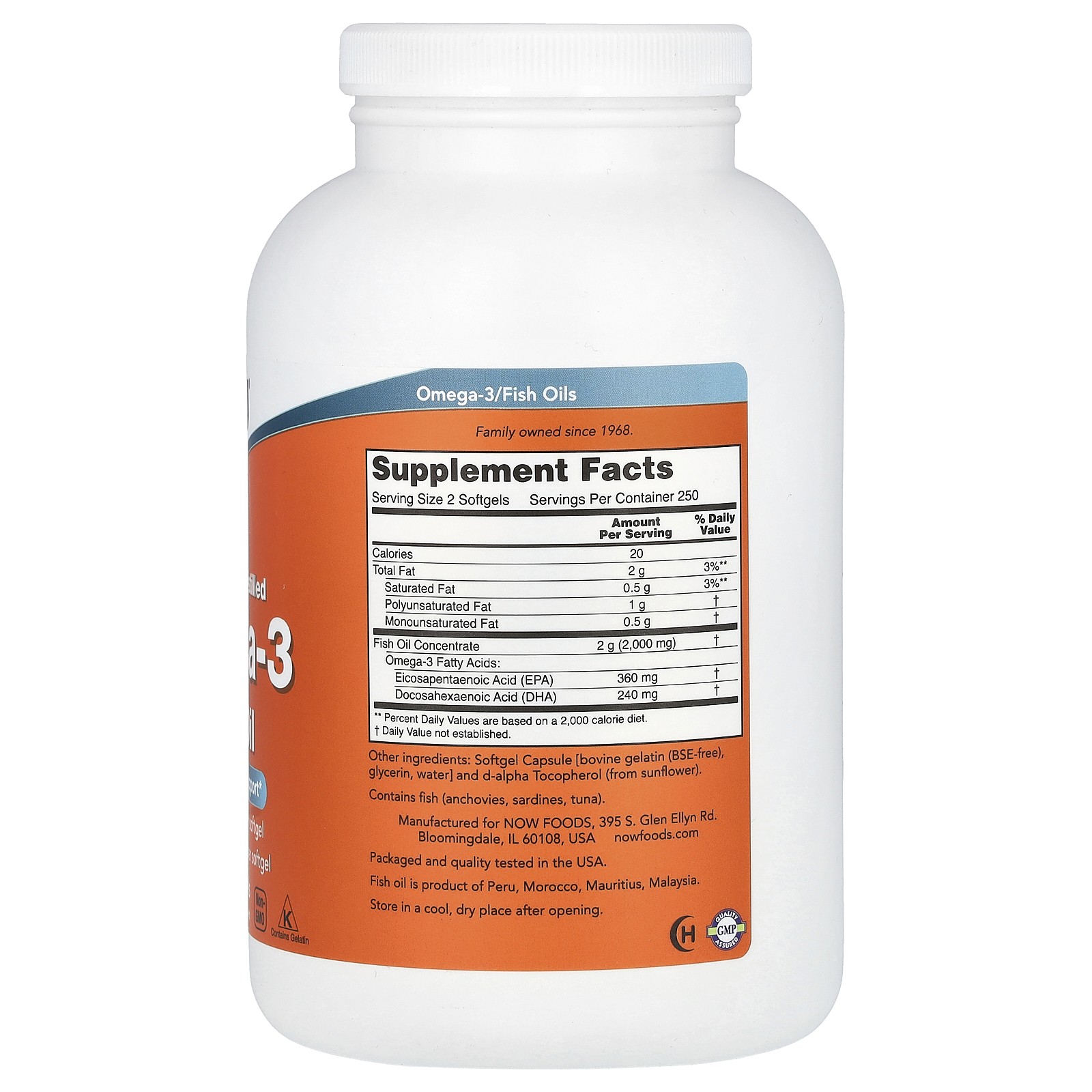 Now Foods Omega-3 180 EPA 120 DHA 500 Softgels GMP Quality Assured, Kosher