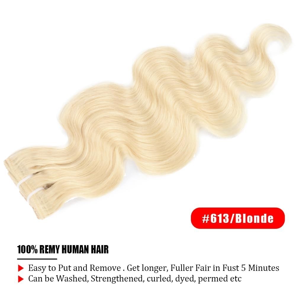 CALNESHIA Clip-in Hair Extensions 28″ Blonde Body Wave 8pcs 100% Brazilian Remy