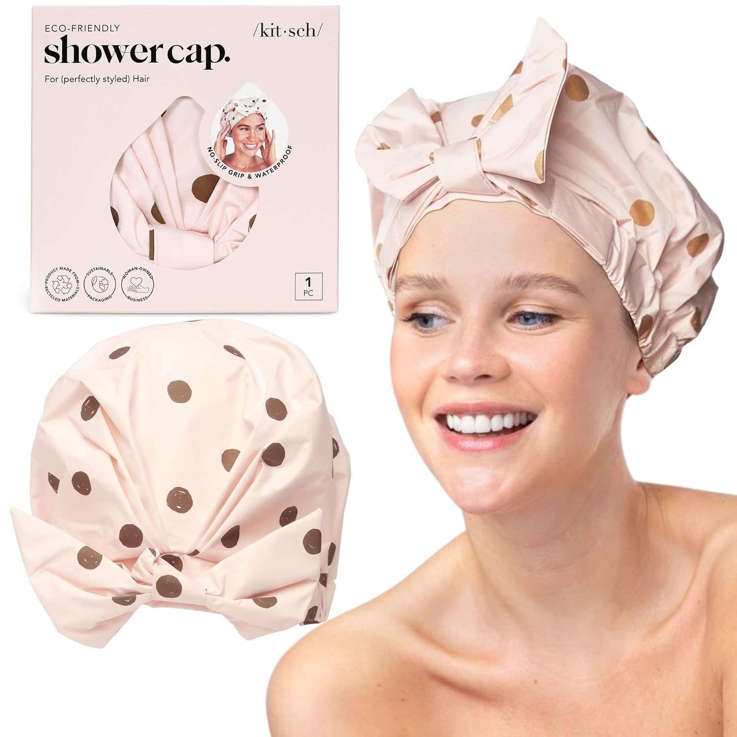 Kitsch Reusable Plastic Shower Cap One Size Blush Dot – NEW –