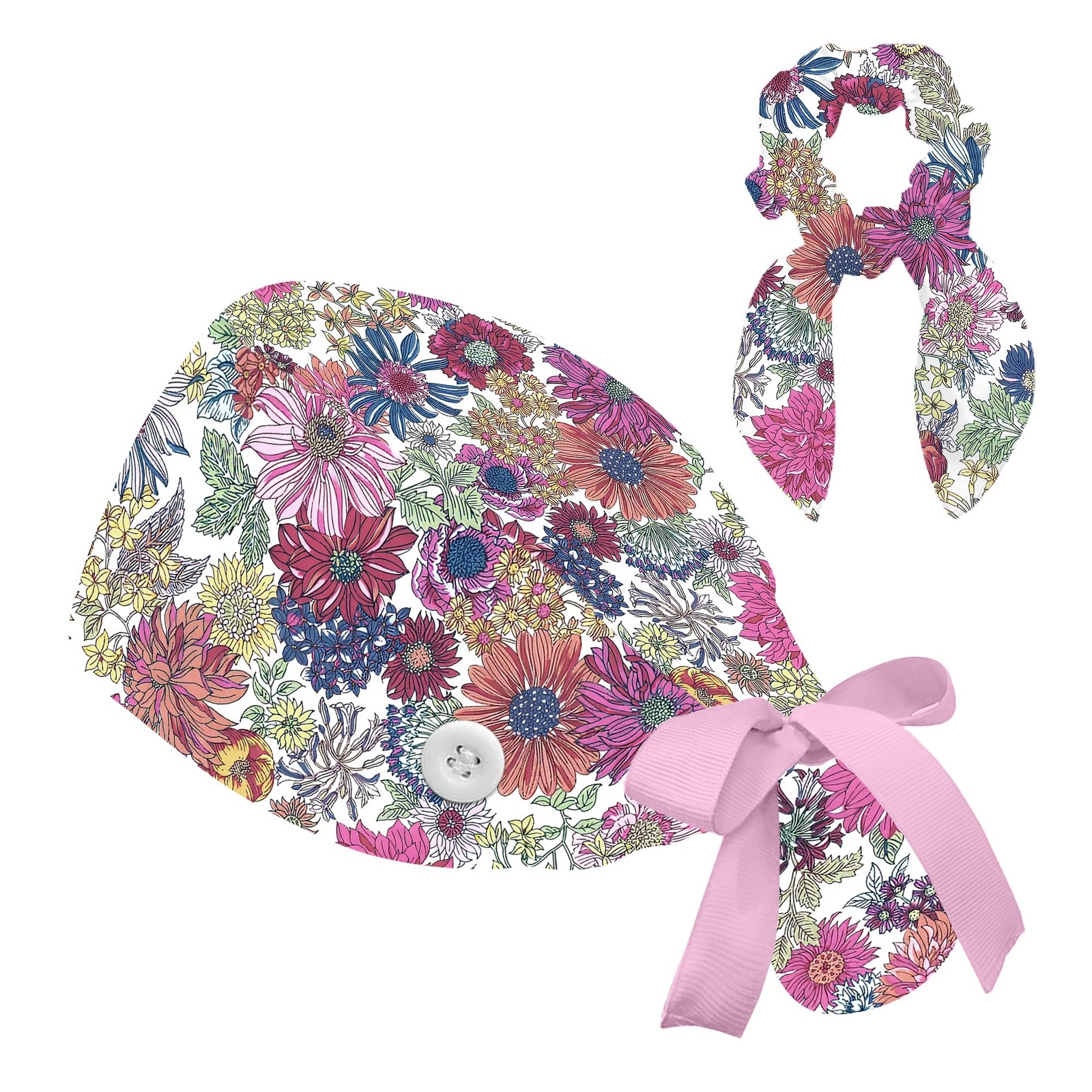 Floral Scrub Caps Women Ponytail Adjustable Surgical Hat Buttons Cute Nurse