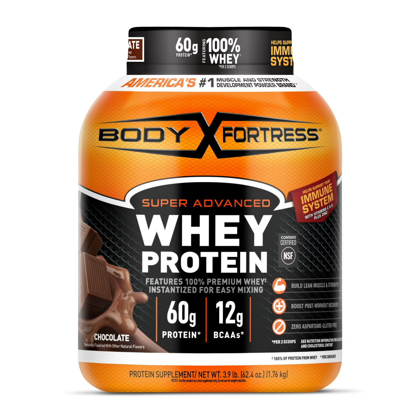 Body Fortress Super Advanced Whey Protein Powder, Chocolate, 60g Protein 3.9 LBS