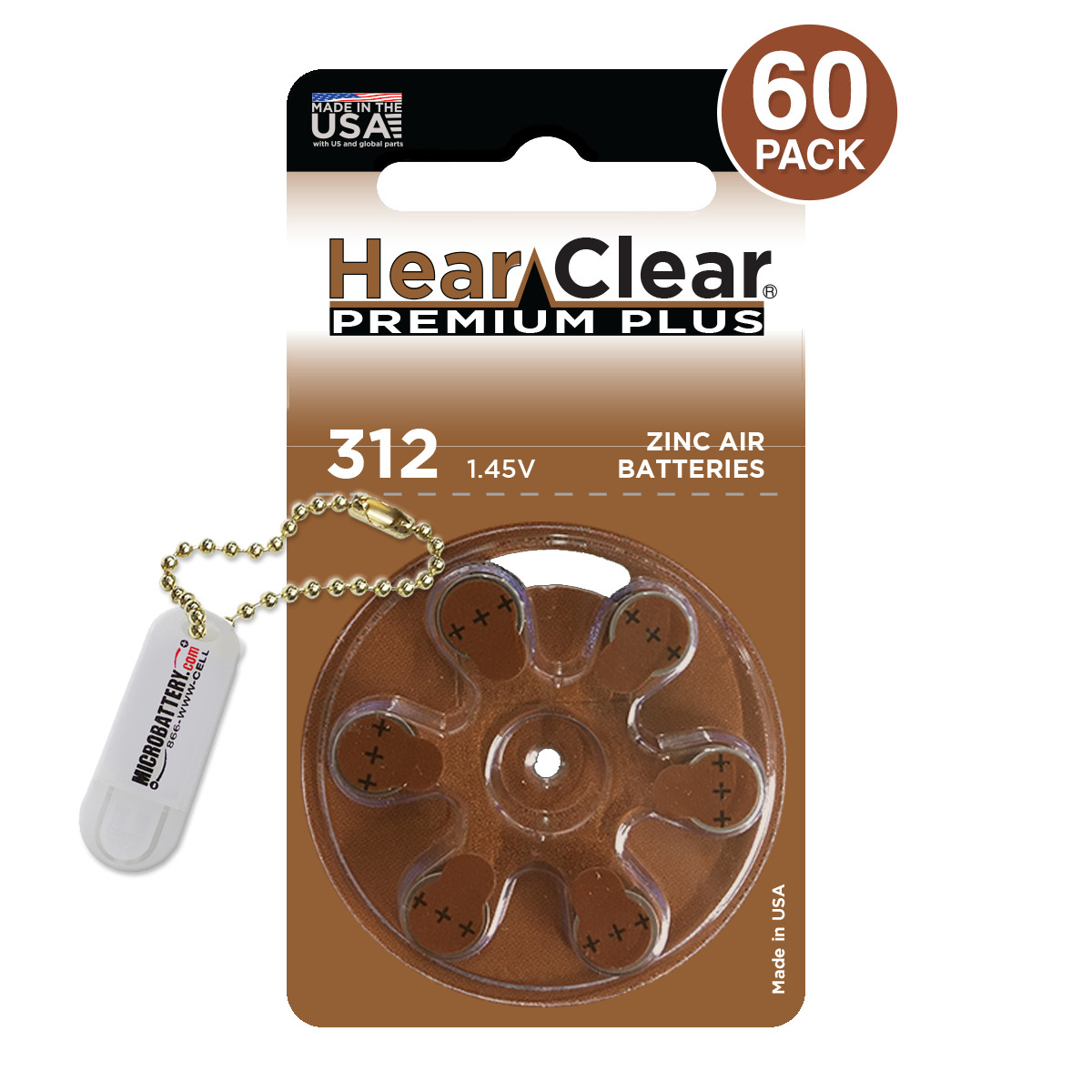 HearClear Size 312 Hearing Aid Batteries Brown Tab (60 Pack) +2 Extra Batteries