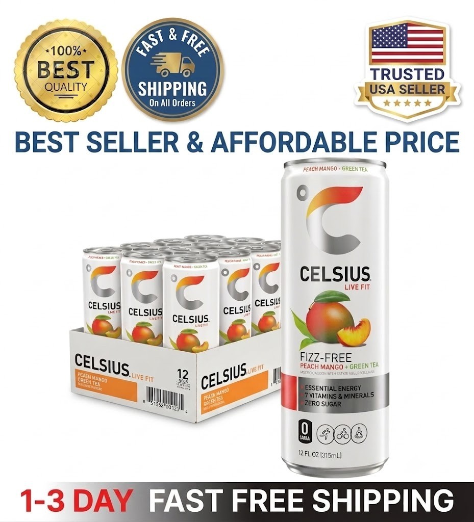 CELSIUS Fizz Free Peach Mango 12 Fl Oz (Pack of 12), Green Tea