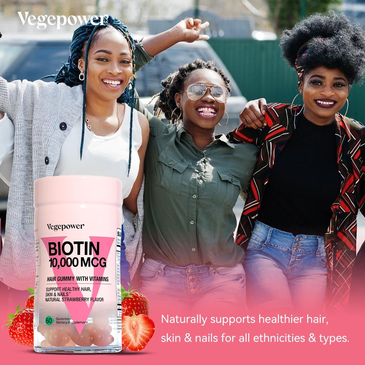 VEGEPOWER Biotin Gummies for Hair Growth 10000mcg 60 Count (Pack of 1), Pink