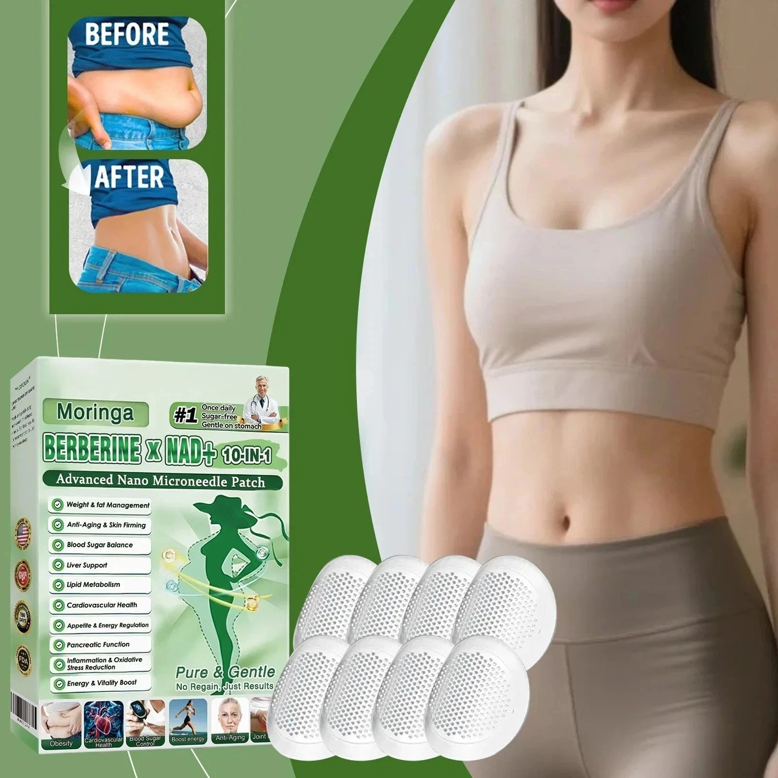 Moringa Berberine 10-in-1 Advanced Nano Microneedle Patch (8pcs/box) pack of (3)