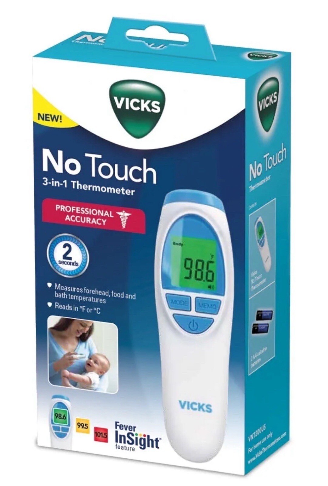 Vicks No Touch 3-in-1 Thermometer Measures Forehead Food and Bath Temperatures