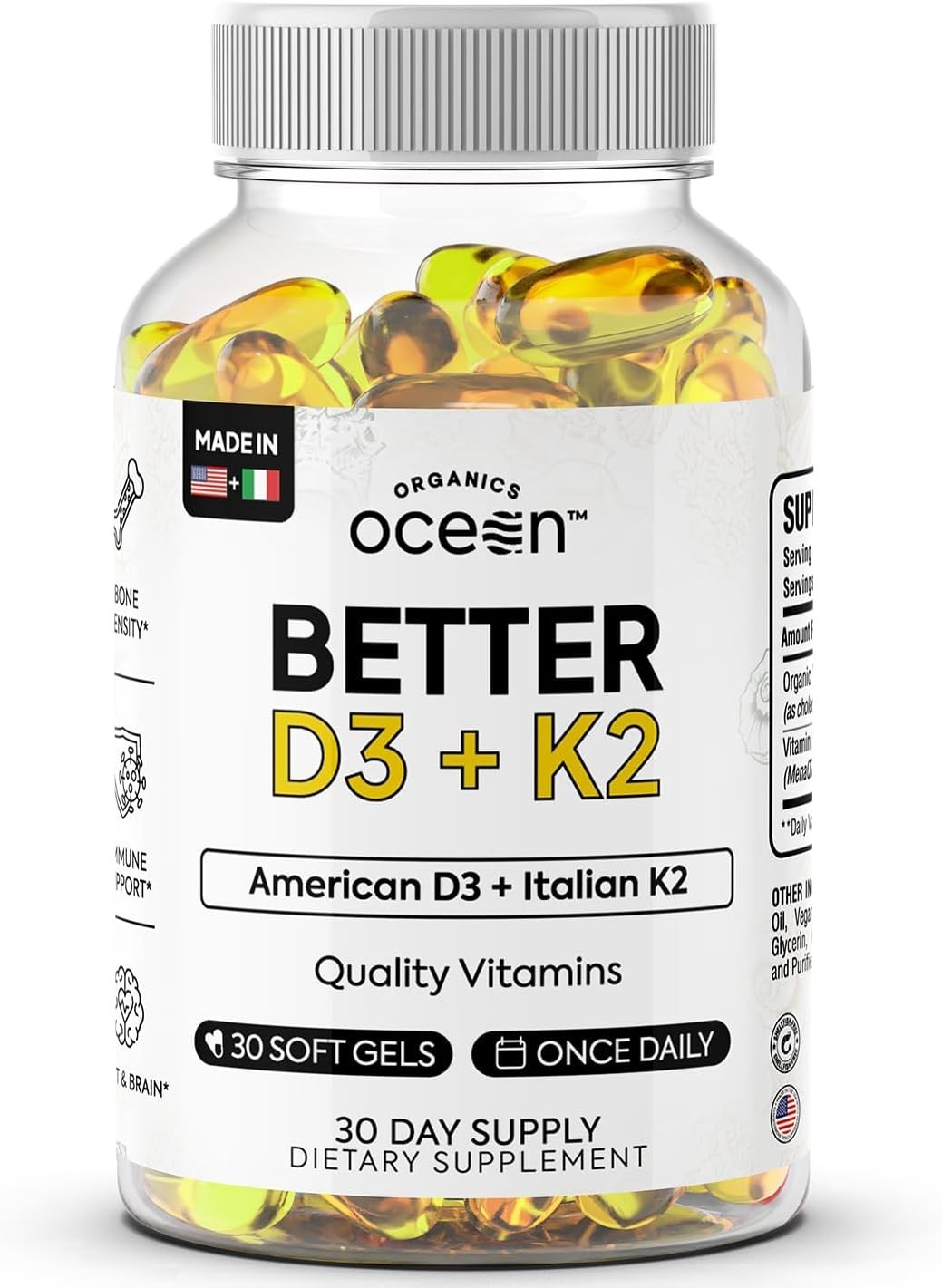 Organics Ocean Better D3 + K2, Organic Vitamin D3 K2 Supplement, 30-Day Supply