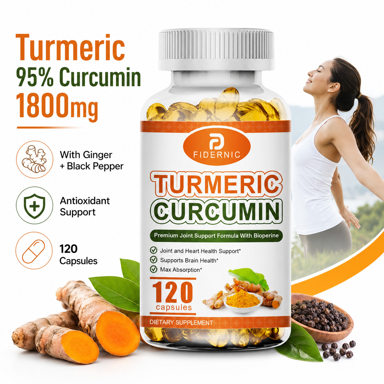 Turmeric Curcumin 95% 1800mg 120 Capsules with Ginger Pepper