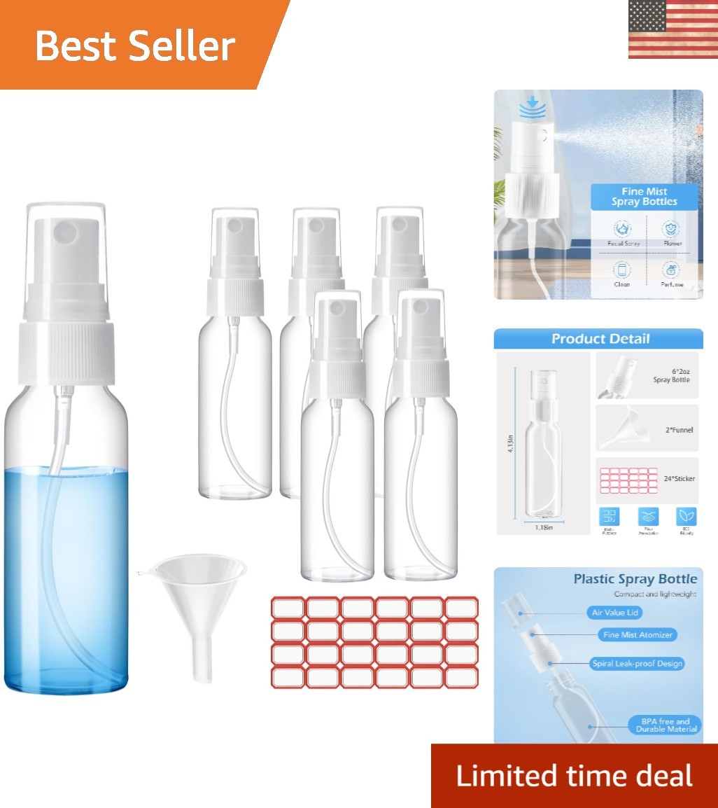 Travel-Ready 50ml Leak-Proof Fine Mist Spray Bottles with Bonus Funnels – 6 Pack