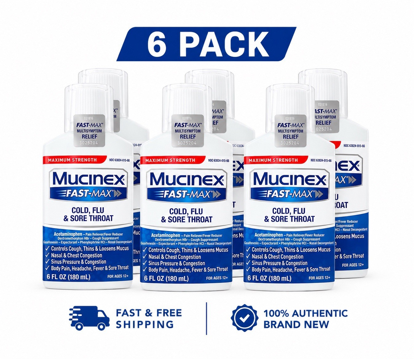 6 Pack Mucinex Fast-Max Cold Flu & Sore Throat Liquid 6 oz Max Strength NEW