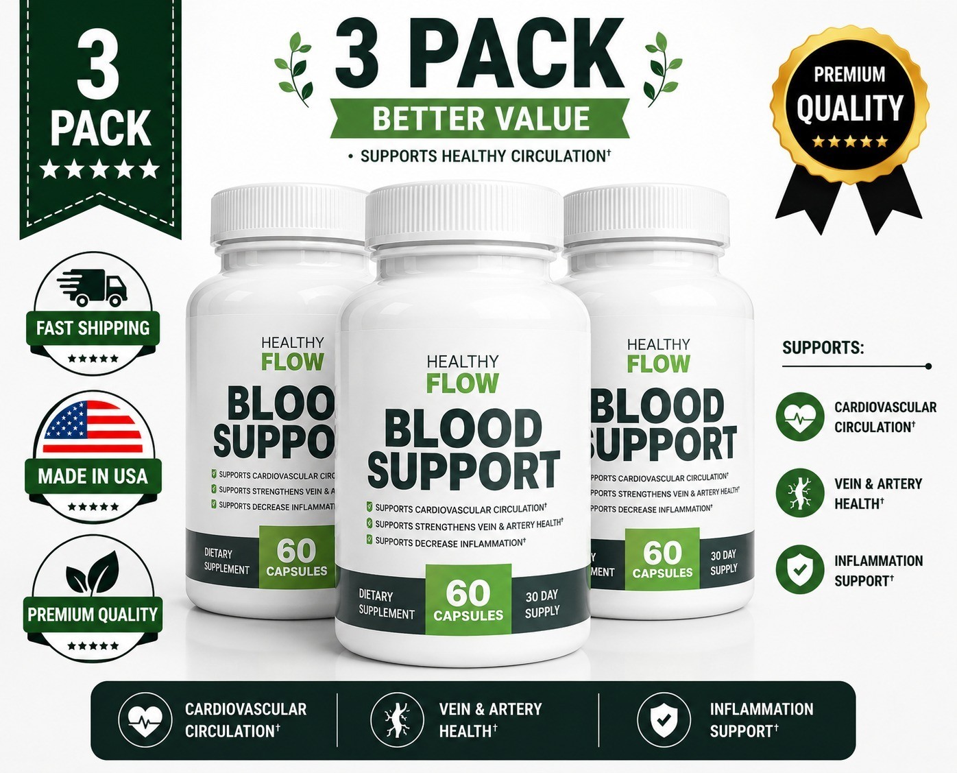 Healthy Flow Blood Support 3 Pack 60 Capsules Each Heart Circulation Formula