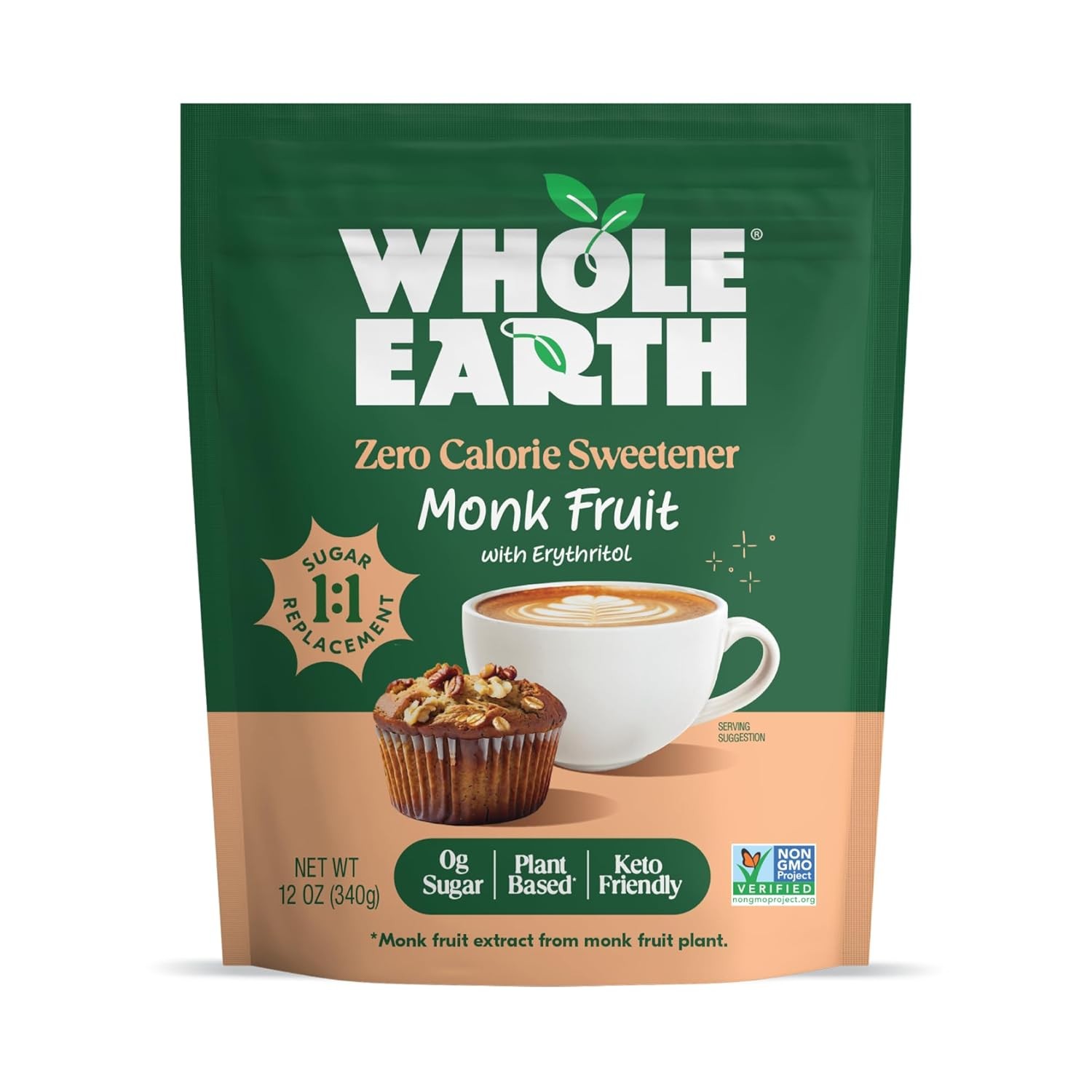 WHOLE EARTH Monk Fruit Sweetener with Erythritol, Plant-Based Sugar Alternative,