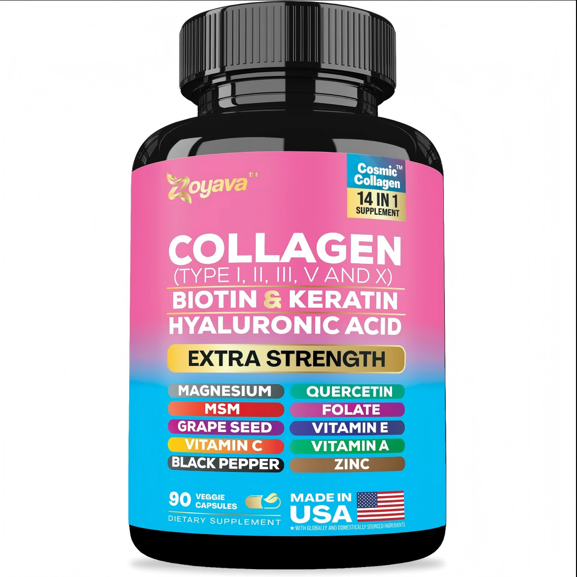 Zoyava Collagen Pills Peptides Types I, II, III, V & X 64,000 MCG Biotin 90 Caps