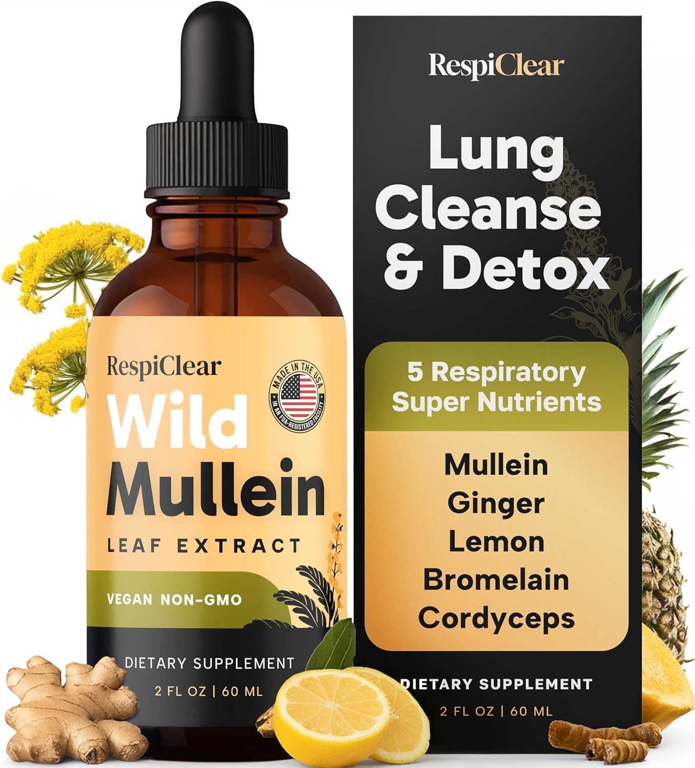 RESPICLEAR All-Organic Mullein Drops with Ginger & Lemon for Lung Detox and…