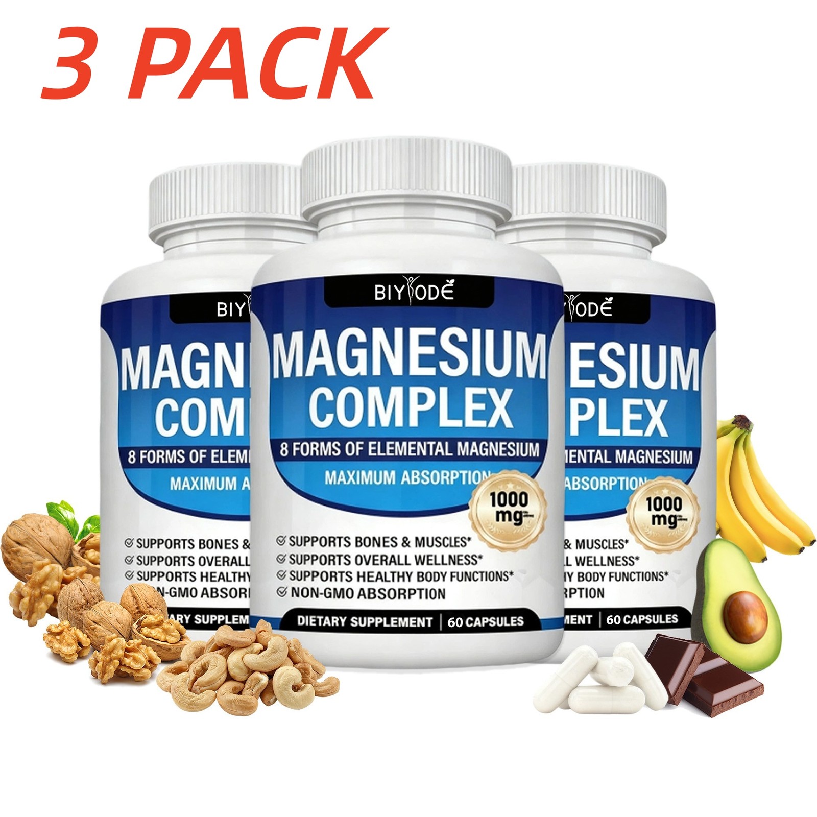 3Pack Nutrition Magnesium Complex 1000mg Supports 8 Elemental Magnesium