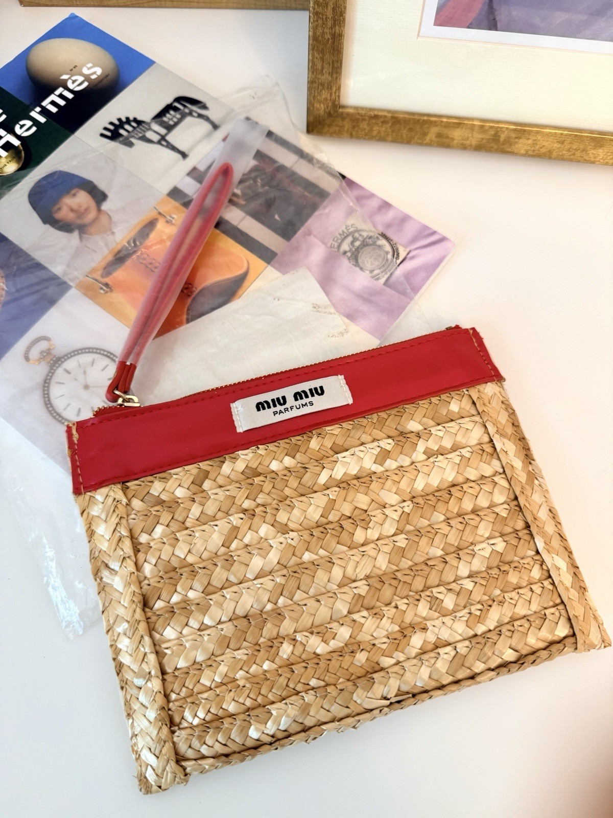 Miu Miu Raffia Zip Cosmetic Bag/Wristlet